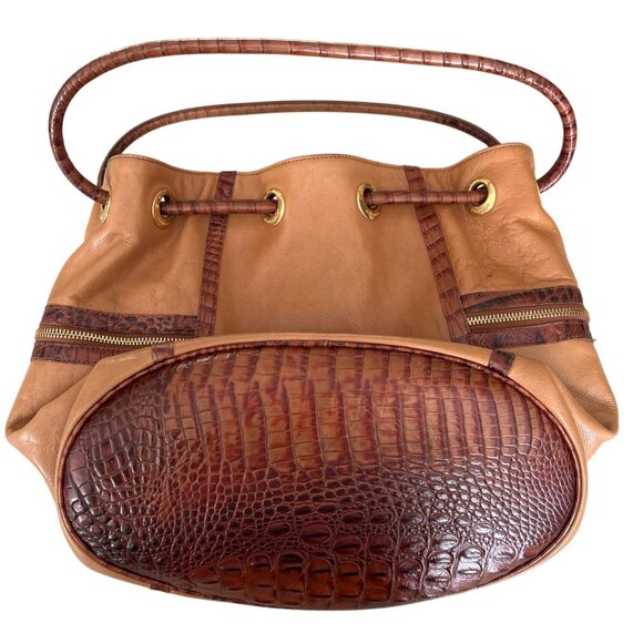 Brahmin Dee Dee Novella Leather Handbag Tan & Brown Croc Embossed Bucket Bag - Picture 3 of 15
